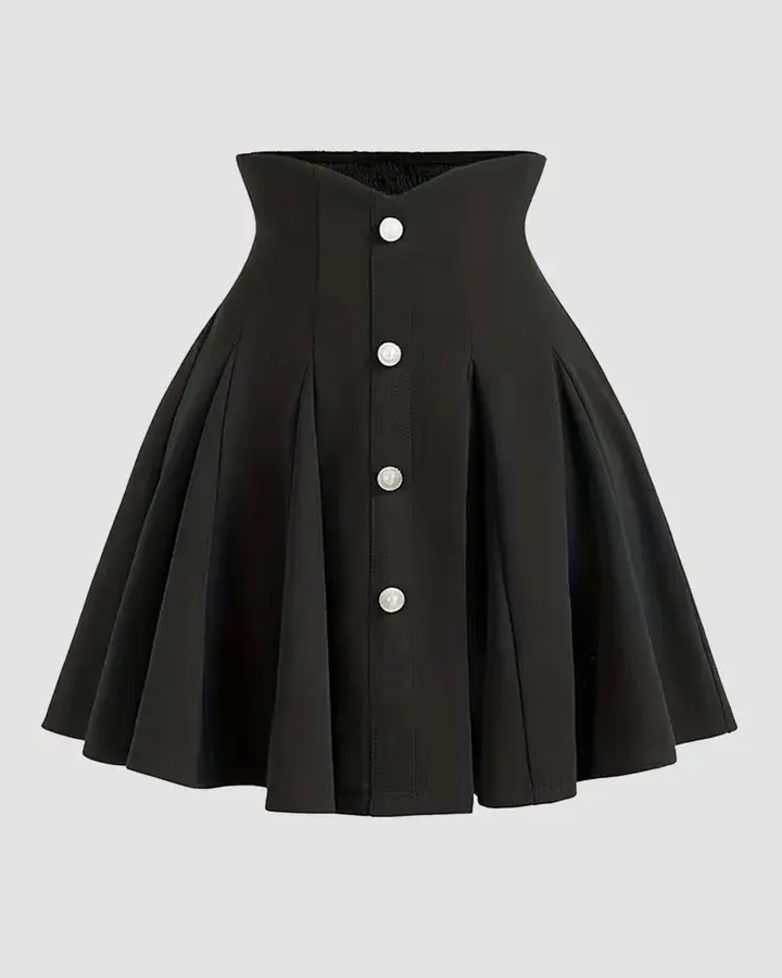 A-Line Fit Flared Hem Cinched Waist Pleated Skirt in Black