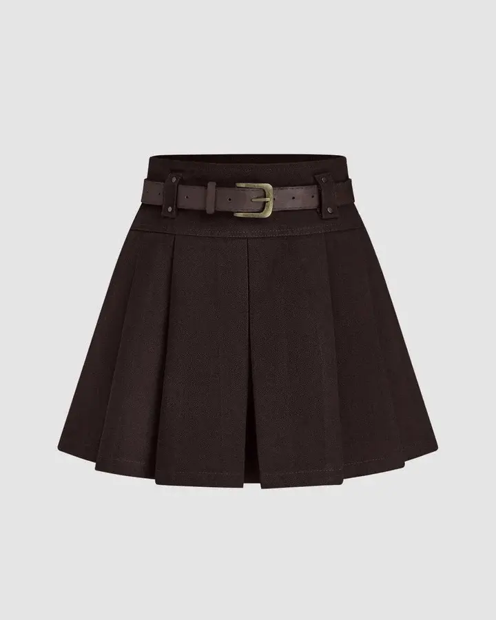 A-Line Pleated High Waisted Summer Skirt in Chocolate Brown