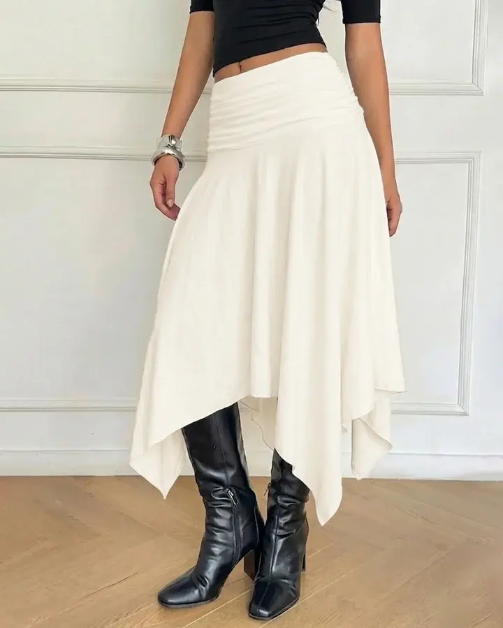 Asymmetrical Flowy Midi Skirt in Classic White