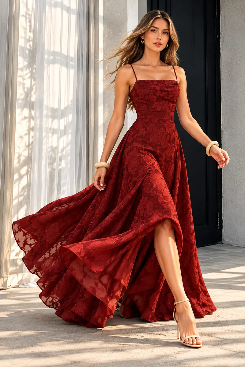 Backless Drawstring Sleeveless Floral Textured Dress in Merlot Red