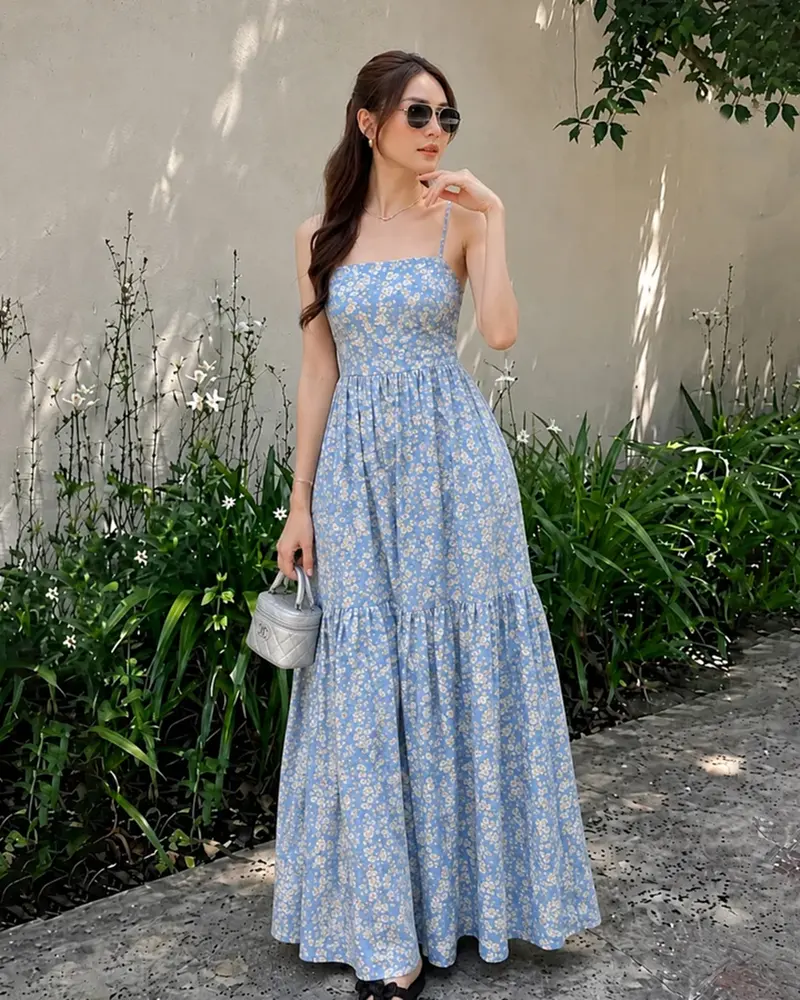 Backless Sleeveless Tiered Floral Print Maxi Dress In Baby Blue