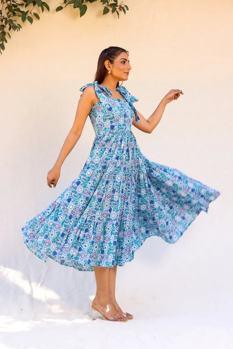 Blue Paisley Tie-Shoulder Midi Dress