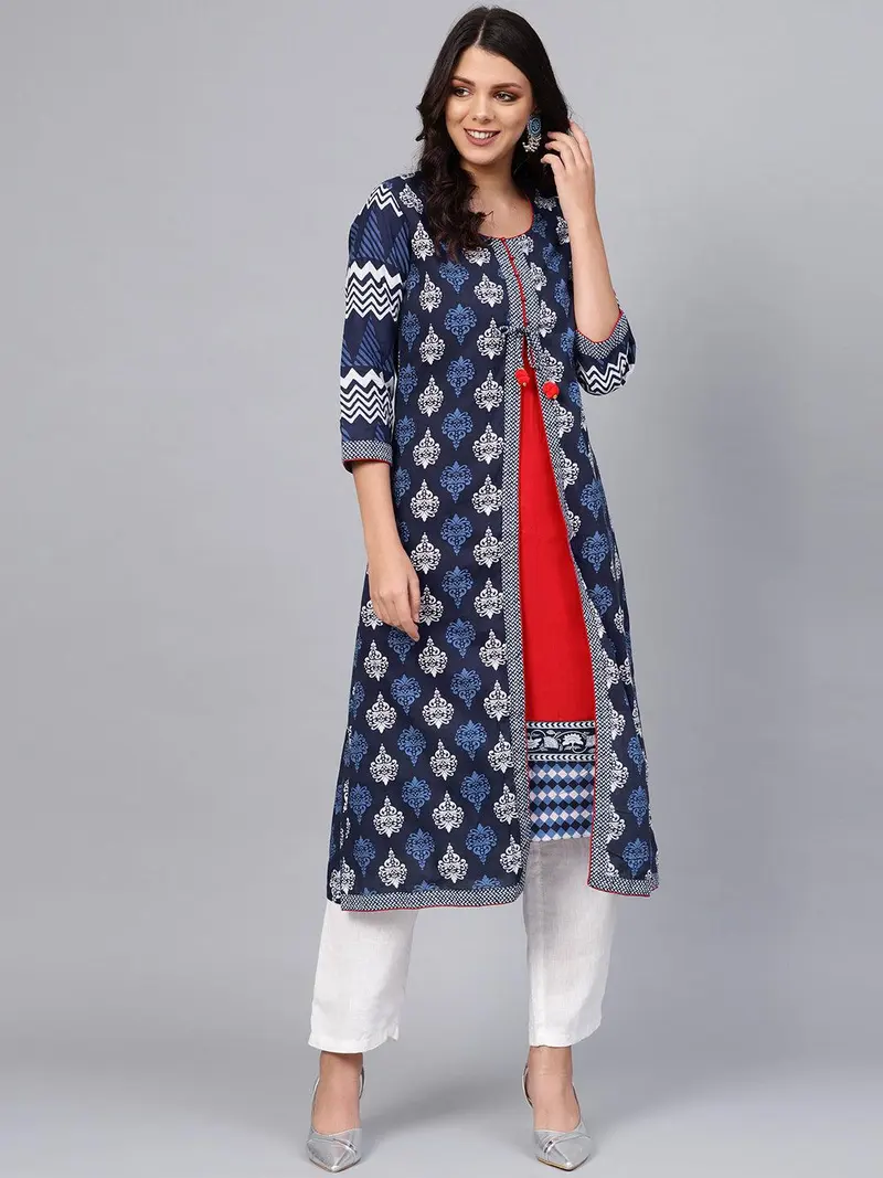 Blue Roundnack Kurti with Half Sleeve