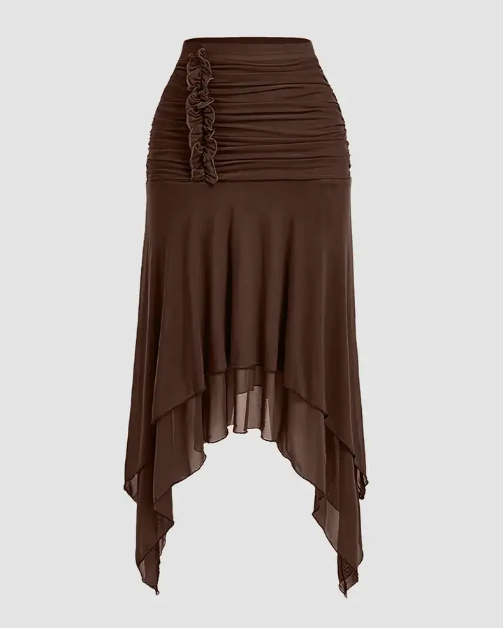 Brown High-Waisted Ruched Tiered Asymmetrical Hem Skirt
