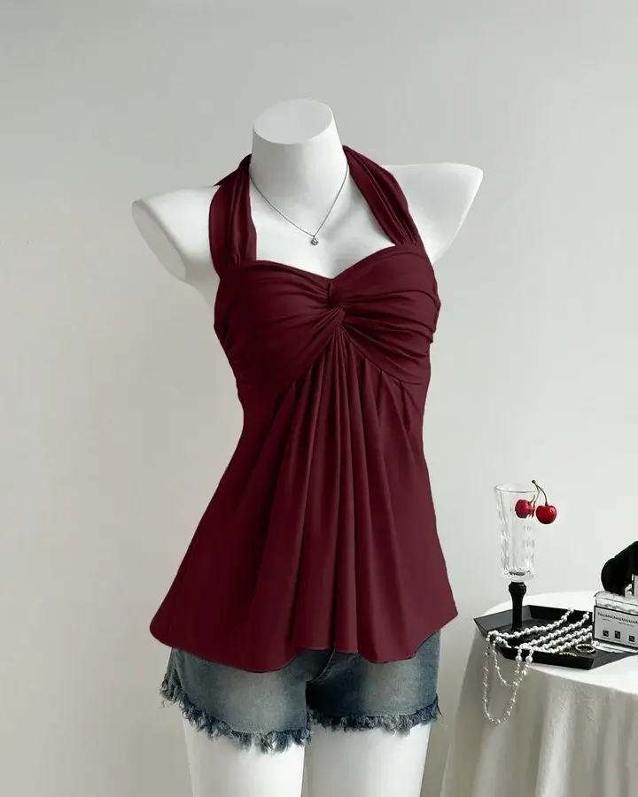 Cherry Twist Front Draped Halter Top
