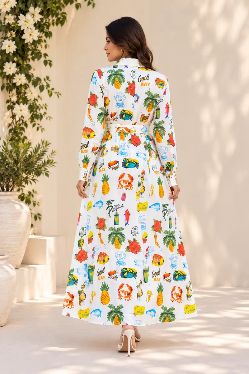 Colorful print shirt style maxi dress