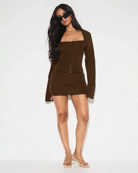 Corset Style Square Neck Flared Sleeve Top in Coco Brown