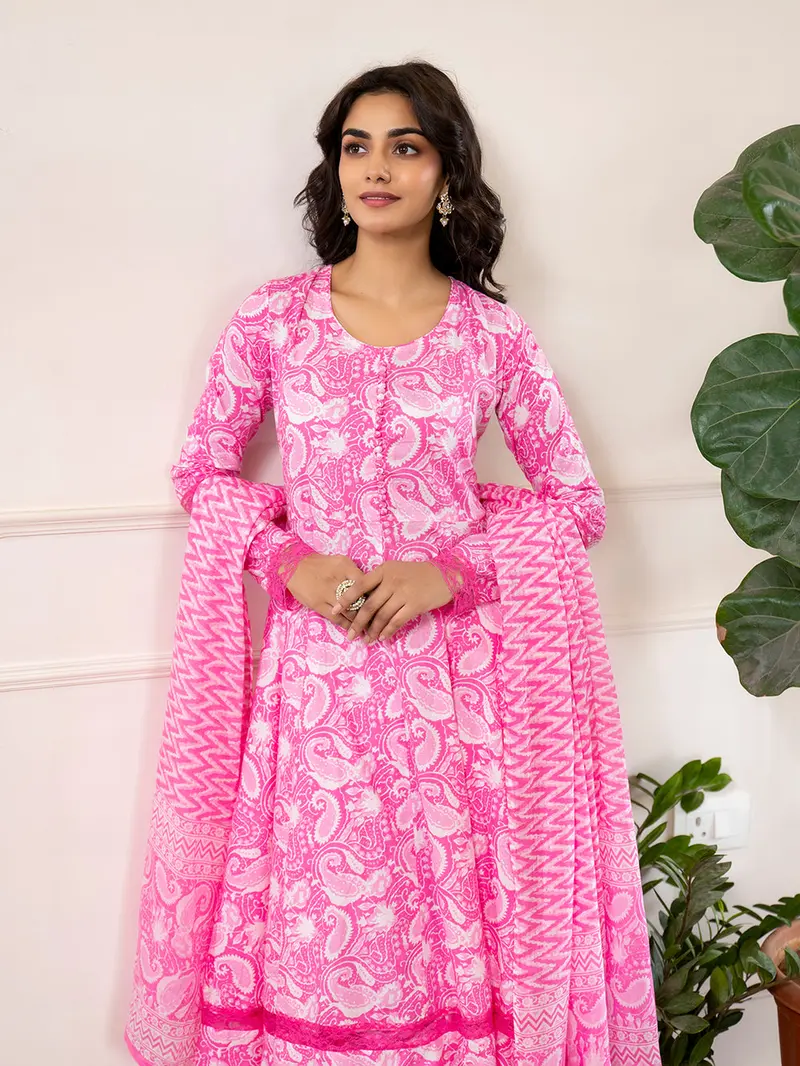Cotton Anarkali Kurta Pant Set With Dupatta