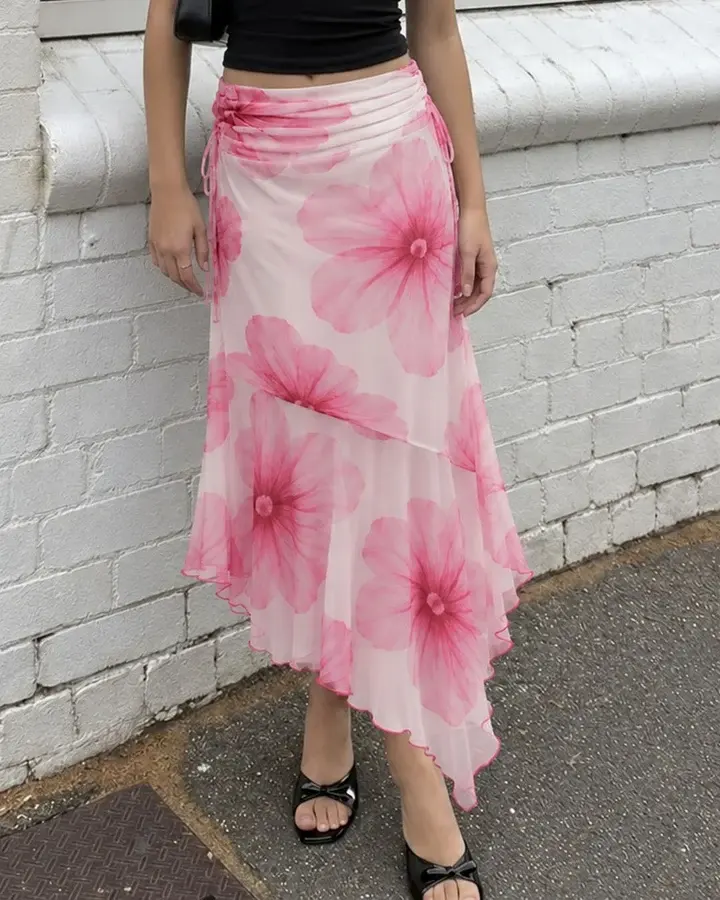 Floral Asymmetric Lettuce Hem Midi Skirt in Powder Pink and Classic White