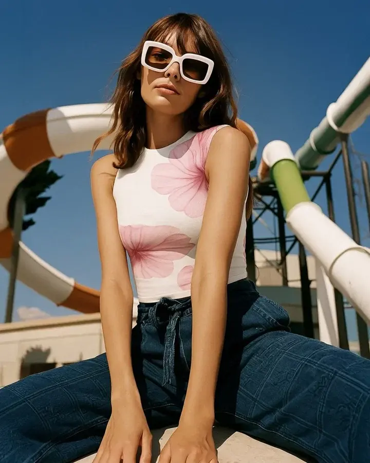 Floral Round Neck Sleeveless Top in White and Pink