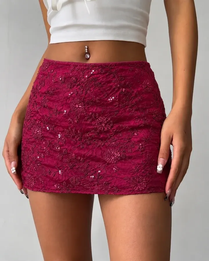 Floral Sequin Embellished Mini Skirt in Smoky Pink