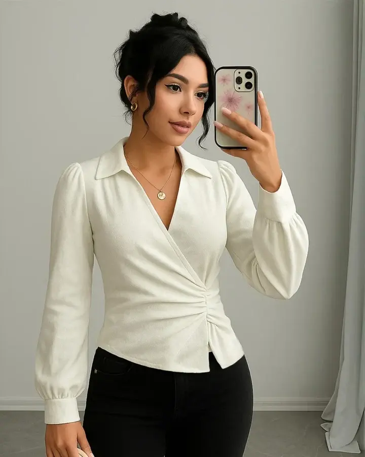Formal Collared Neck Wrap Style Full Sleeve Shirt in White