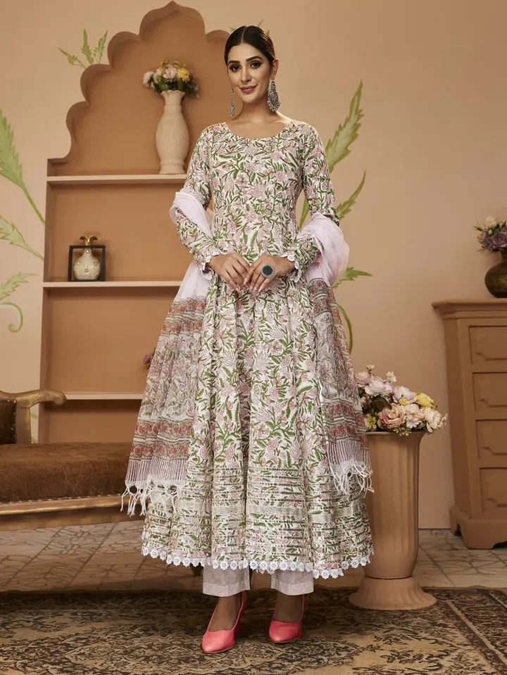 Handblock Printed Green Anarkali Cotton Kurta Set