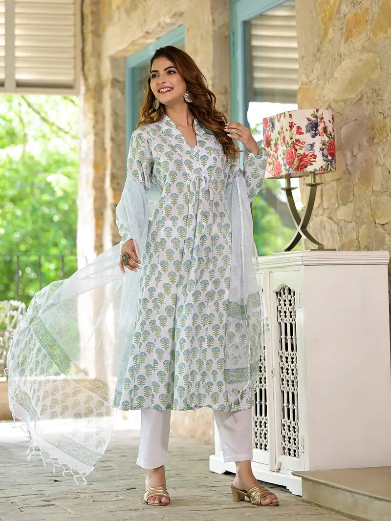 Handblock Printed Green Anarkali Cotton Kurta With Trousers & Dupatta