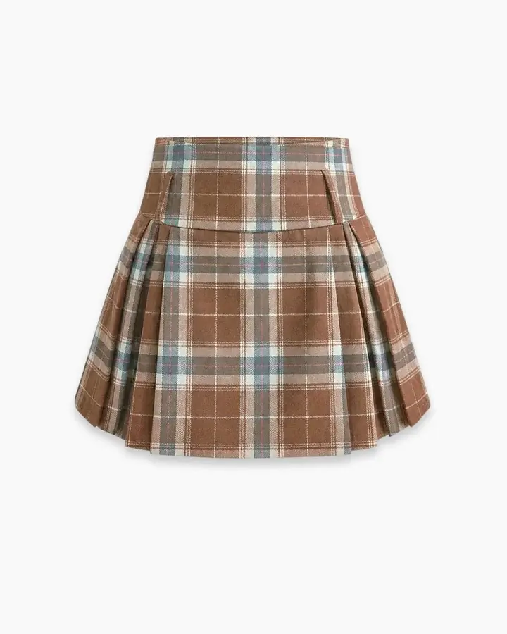 High Waist Plaid Pleated Mini Skirt in Mocha Brown