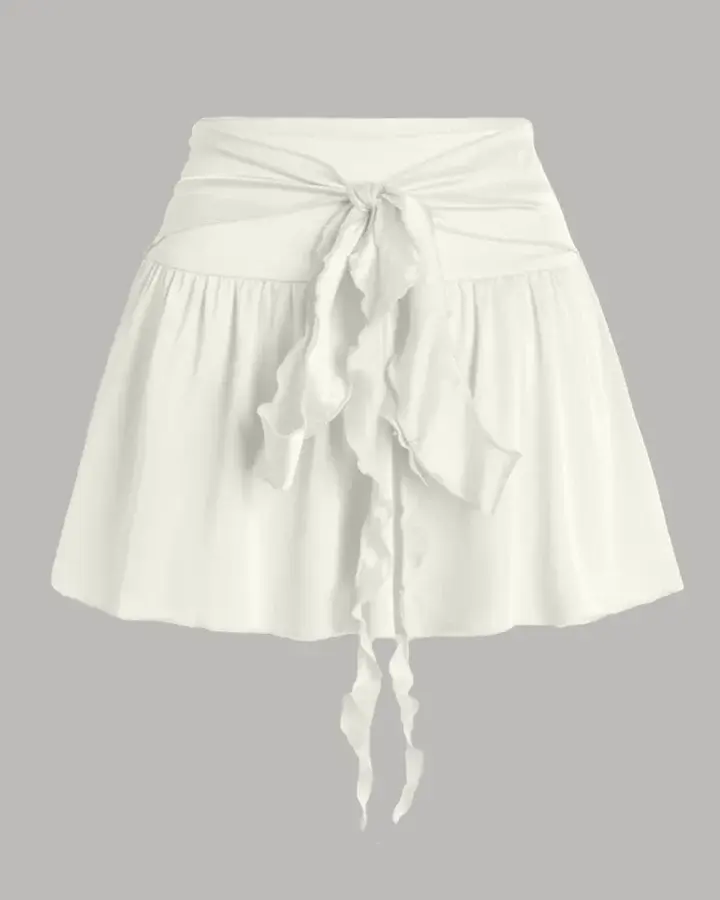 Knotted Ruffle High Waist Mini Skirt in Milky White