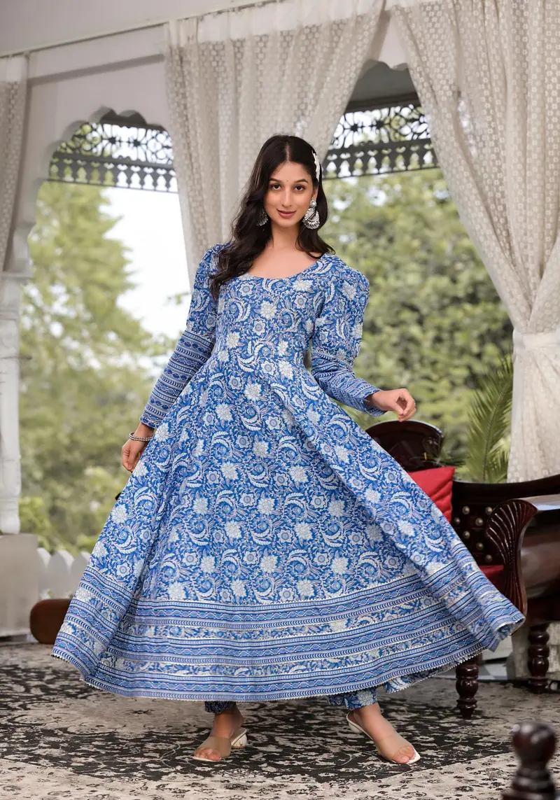 Long Cotton Anarkali, Blue