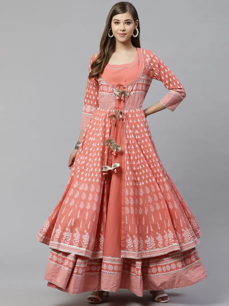 Long Cotton Anarkali, Coral