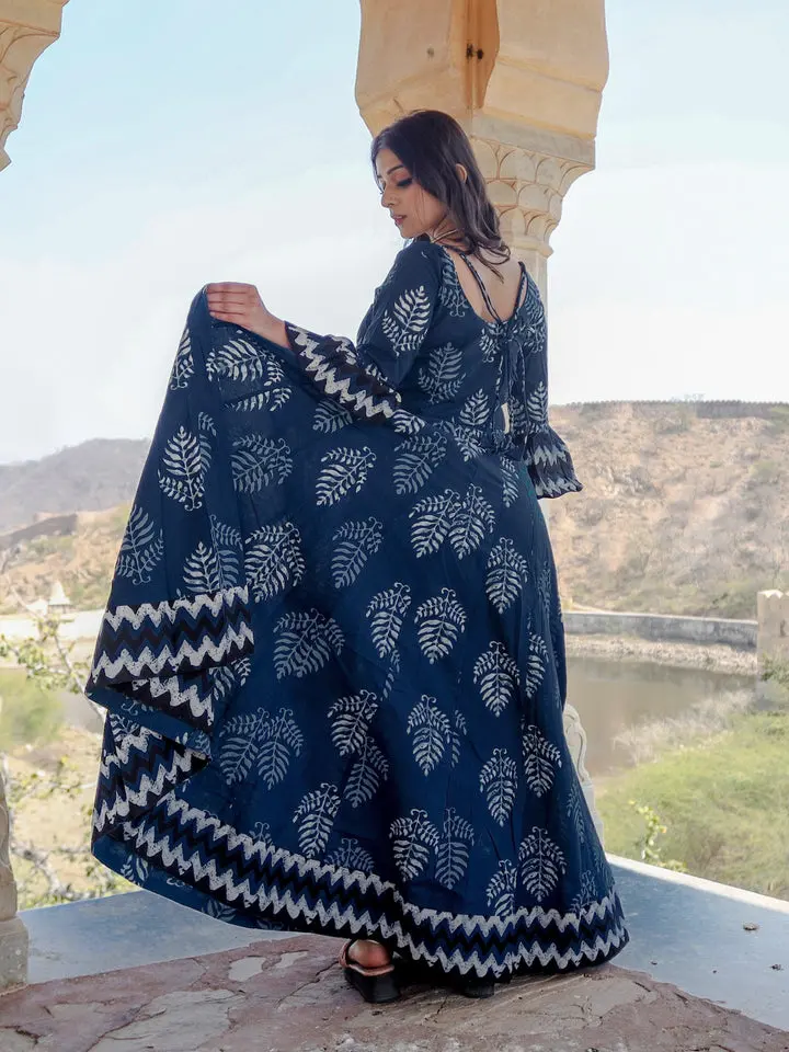 Long Cotton Anarkali, Navy Border