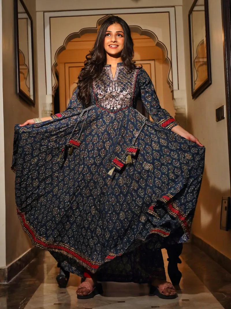 Long Cotton Anarkali, Navy Tassel