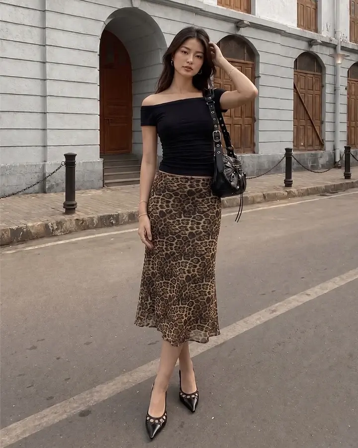 Mesh Low Rise Leopard Print Bowknot Mermaid Skirt in Cocoa Brown