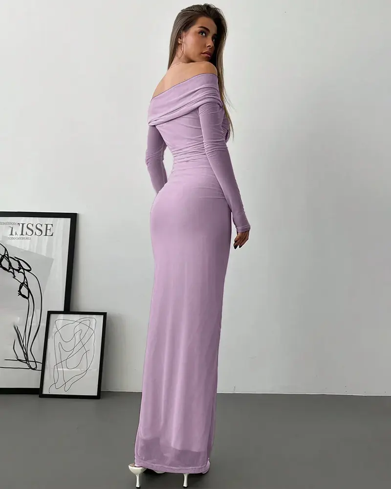 Off Shoulder Mesh Ruched Fitted Dress With Long Sleeve in Lilac
