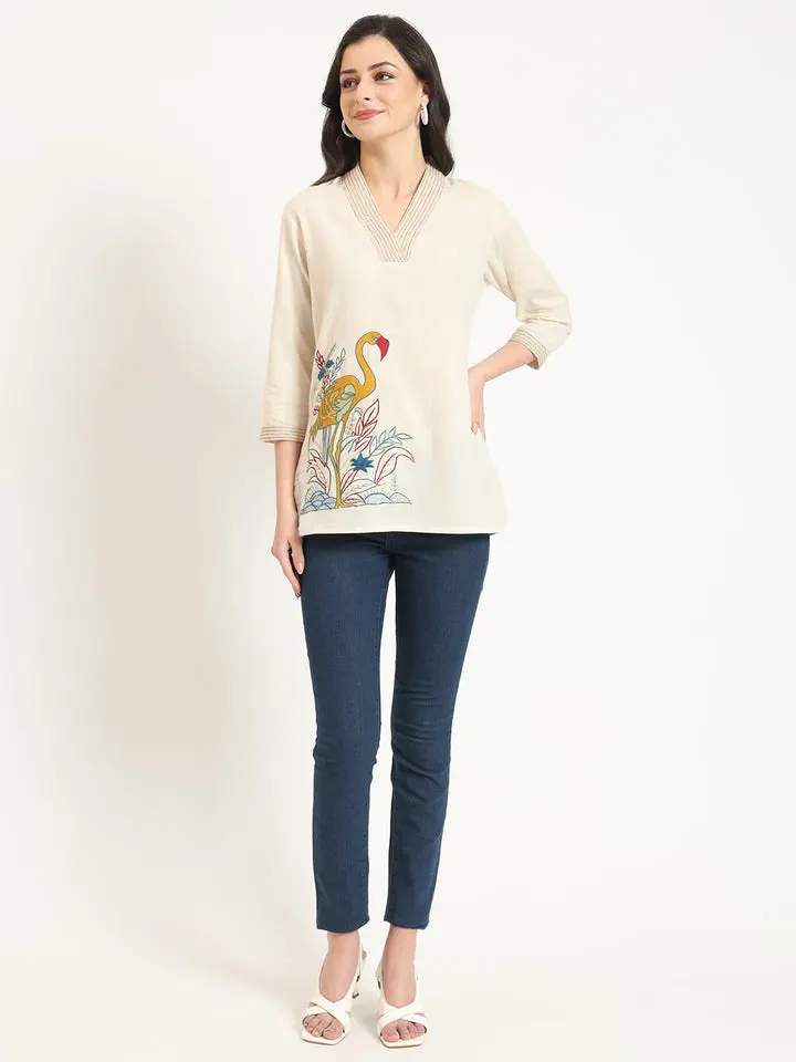 Off White Cotton V-Neck Embroidery Top