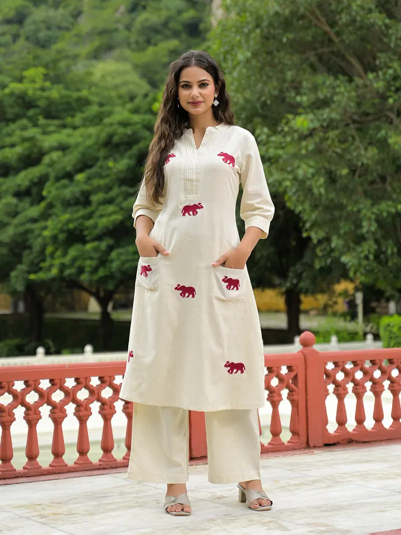 Off White Embroidered Cotton A-line Kurta Pant Sets