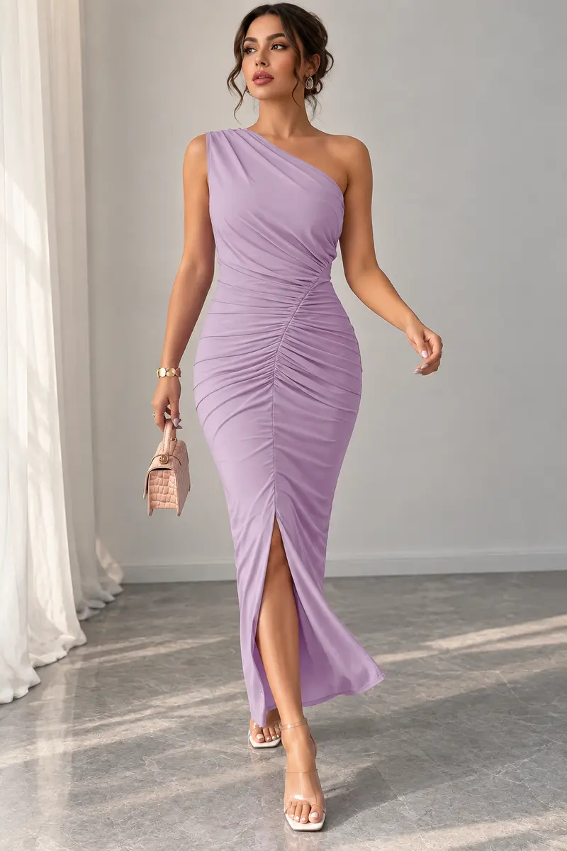 One-Shoulder Ruched Slit Maxi Dress in Lilac