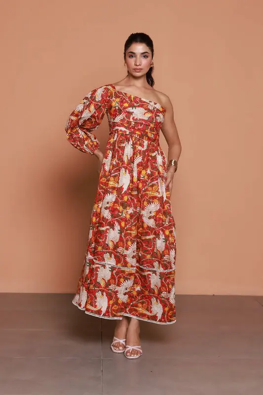 One sleeve bird print maxi dress