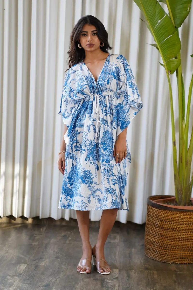 Palm Treen Print Blue Kaftan Dress