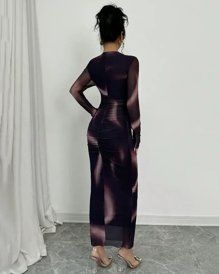 Party Round Neck Bodycon Straight Hem Mesh Maxi Dress