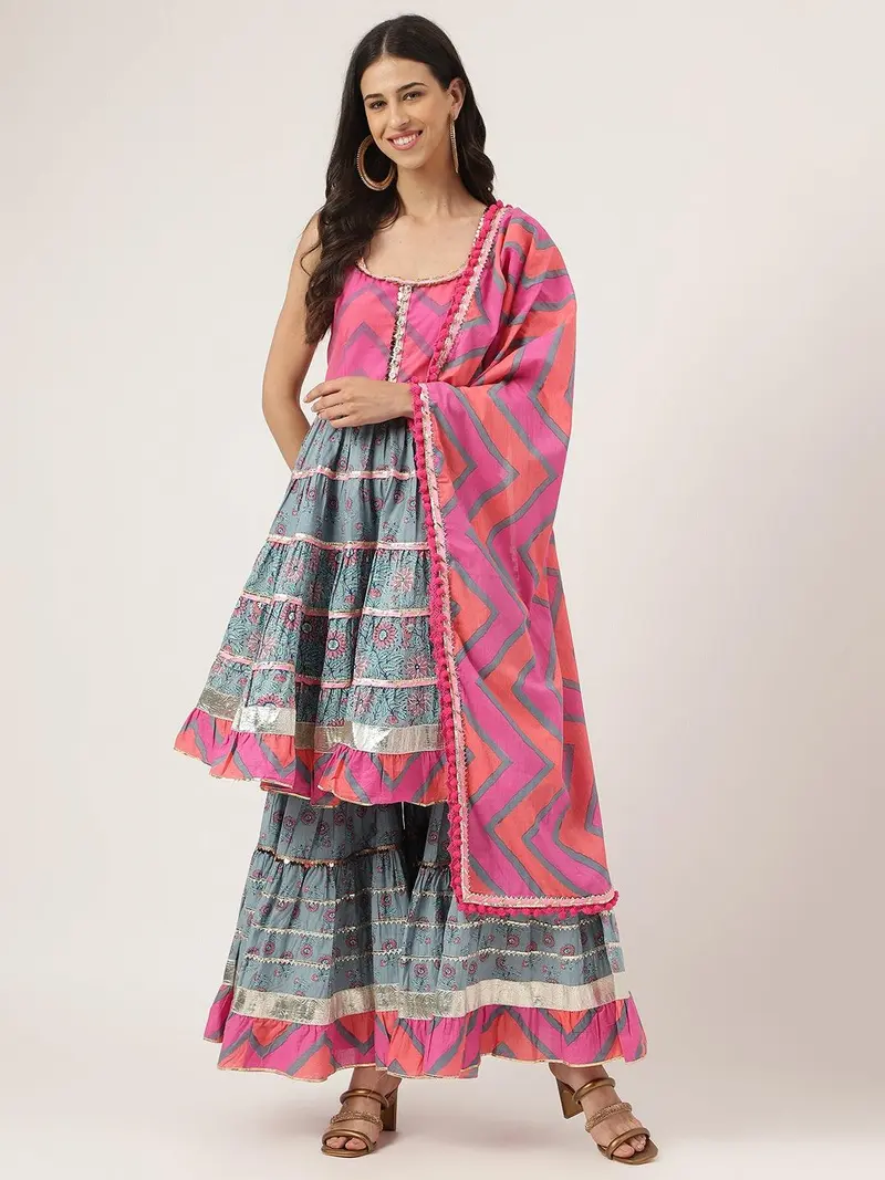 Pink and Green Dupatta Sharara Dress