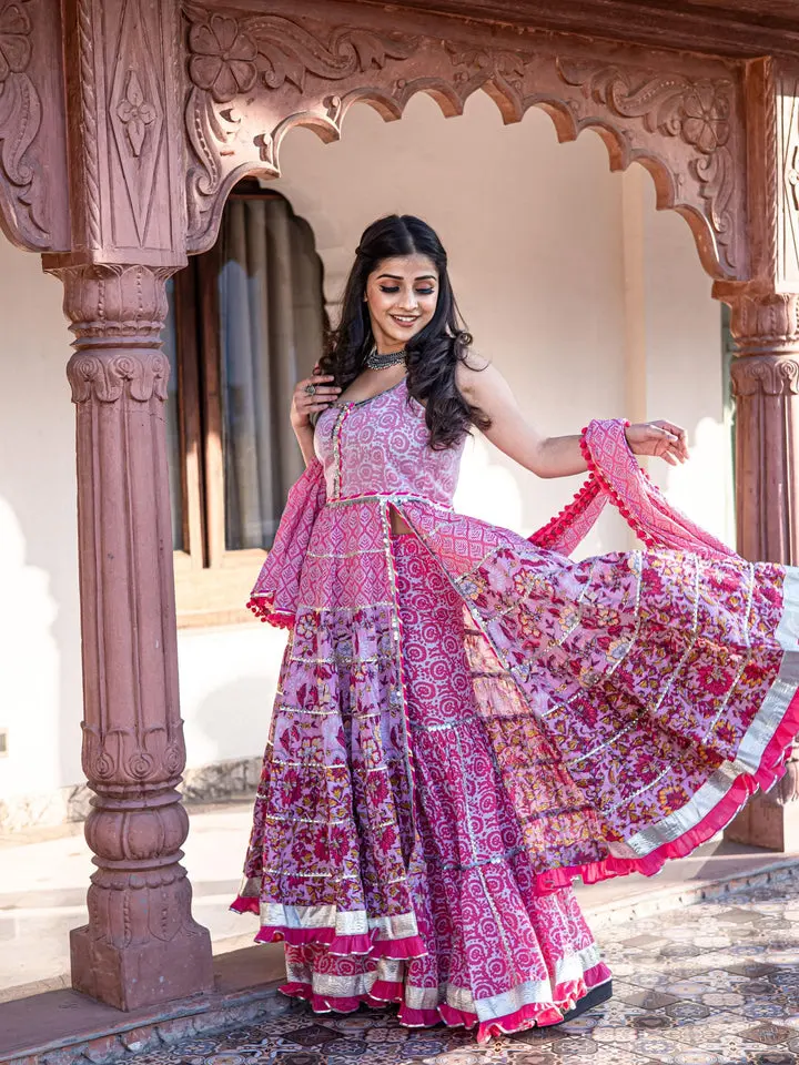 Pink Cotton Sleeves less Anarkali Sharara set with Dupatta