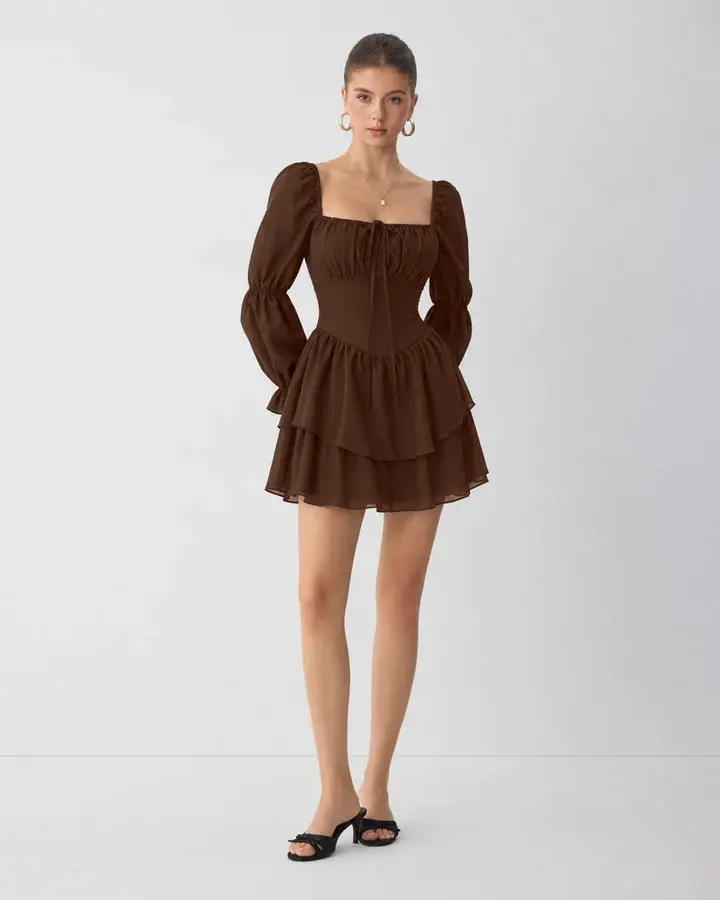 Puff Full Sleeve Layered Princess Mini Dress in Chocolate Brown