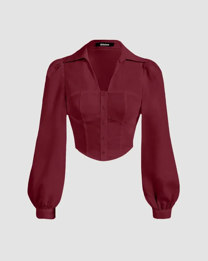 Puff Sleeve Collared Button Down Shirt in Cherry Maroon