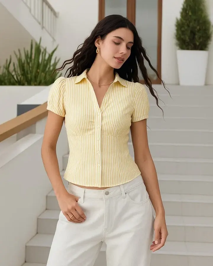 Ruched Button Down Puff Sleeve Top in Yellow