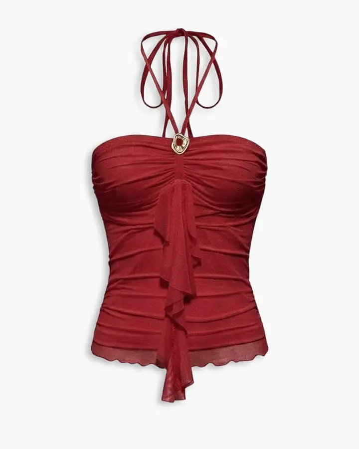 Ruffle Trim and Halter Tie in Crimson Red