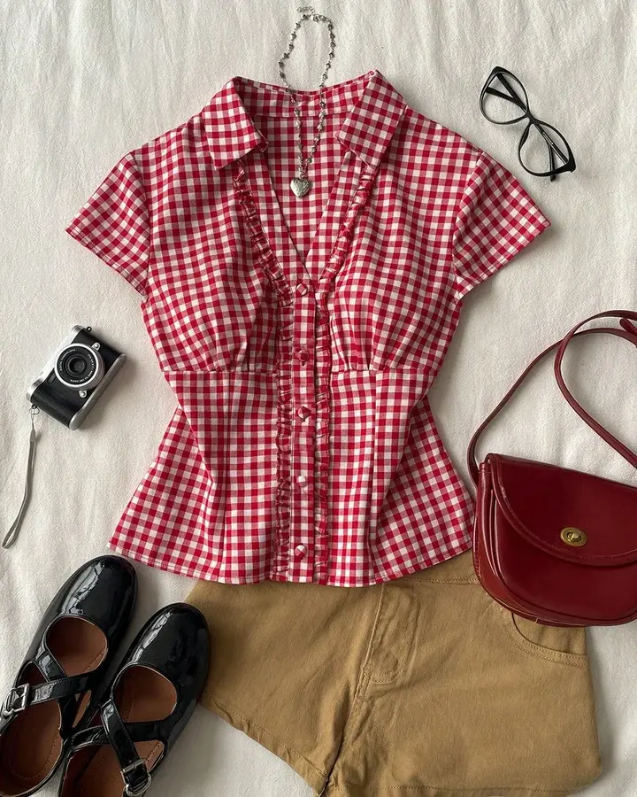 Ruffle Trim Collar Neck Shirt Top in Classic Red and Classic White