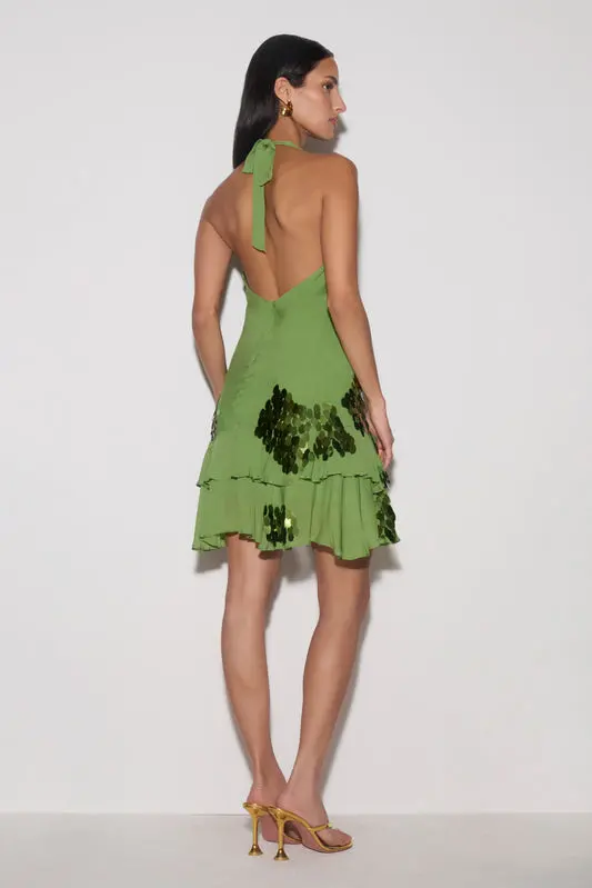 Sequin & Chiffon Mini Dress - Green