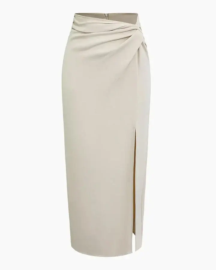 Slim Fit Straight Hem Solid Midi Skirt in Beige