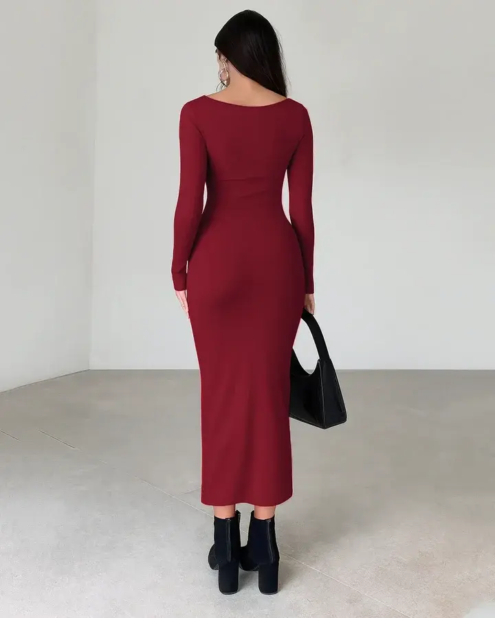 Solid Color Stand Collar Long Sleeve Pleated Bodycon Dress In Redberry