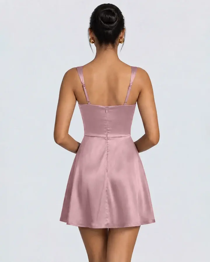 Square Neck Ruched Satin Fit and Flare Mini Dress in Dusty Pink