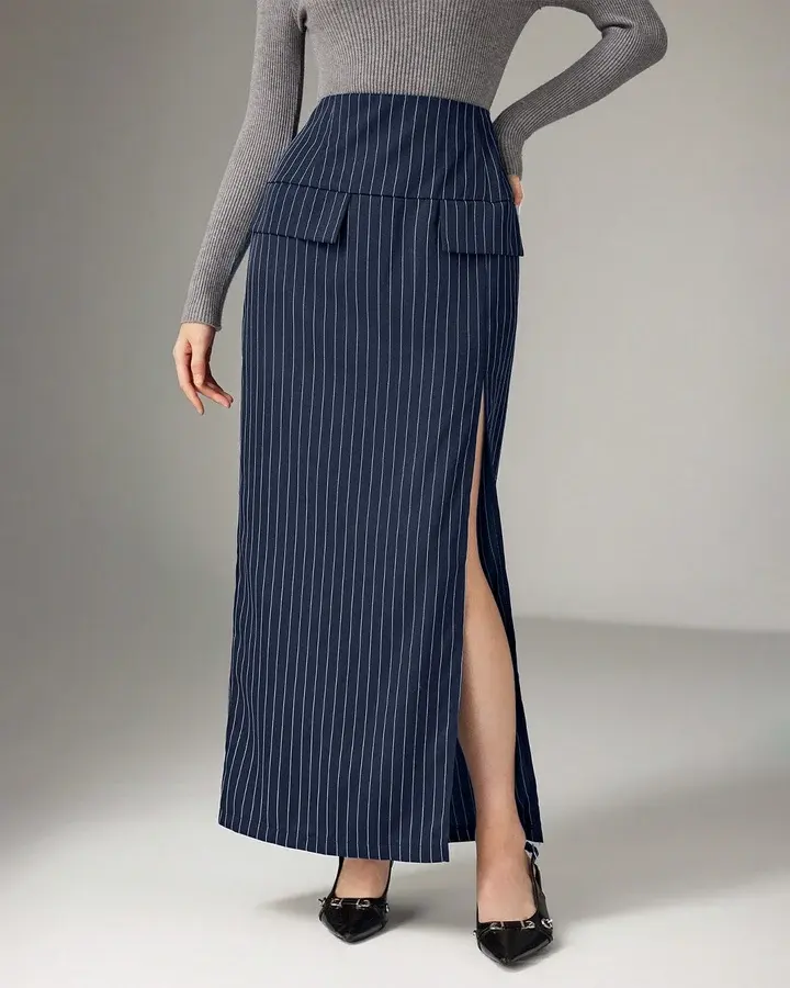 Striped Slit Hem Midi Skirt in Navy Blue