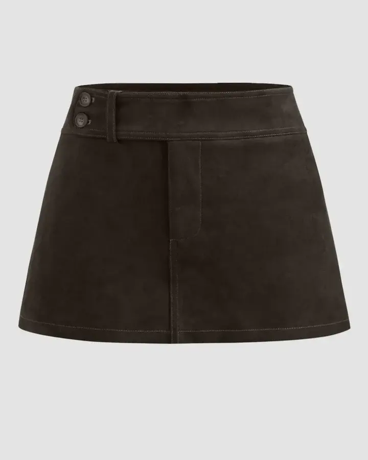 Suede Low Rise Solid Button Mini Skirt in Coco