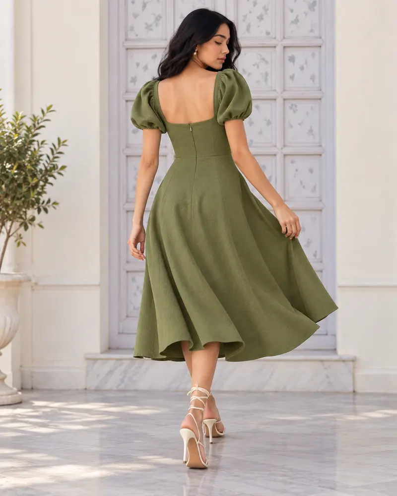 Summer Elegant Solid Color Puff Sleeve Cinch Waist Dress