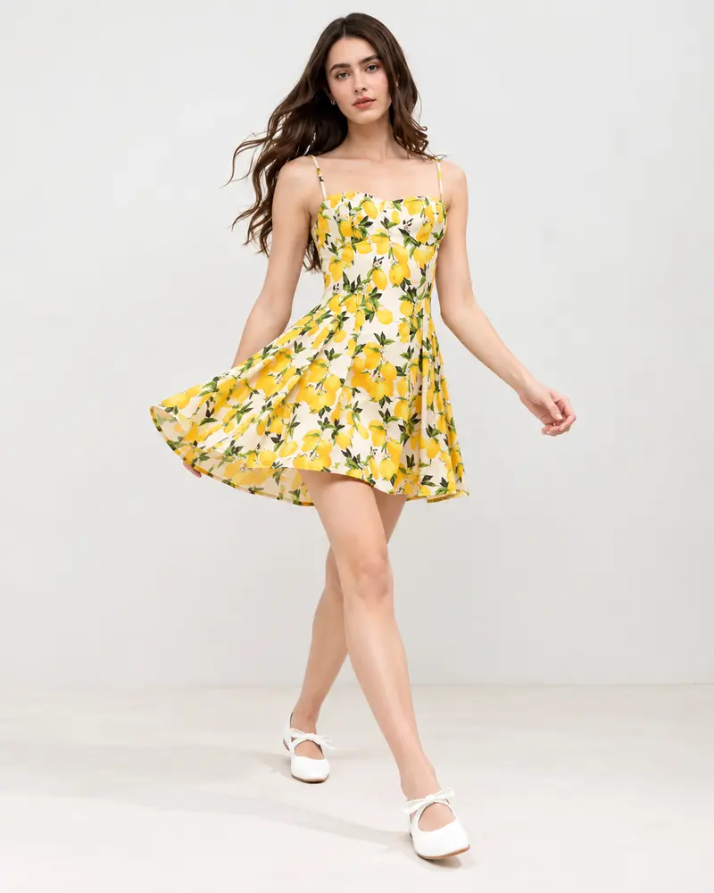 Sweetheart Neck Lemon Print Fit and Flare Mini Dress