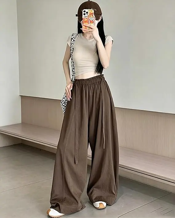 Women Baggy Wide Leg Pants High Waist Drawstring Flowy Lightweight Korean Pants
