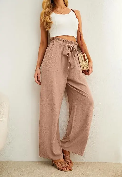 Women High Waist Palazzo Pants, Adjustable Knot Ankle Wide Leg Trousers Pockets Beach Vacation Lounge Office Paper bag Pants