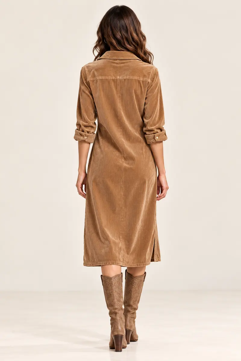 Women's Fall Corduroy Button Down Shirt Dress Casual Lapel a Line Pleated Tunic Shift Midi Long Dress
